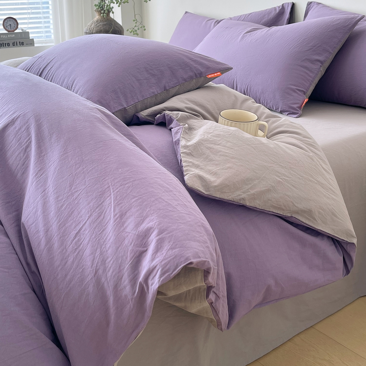 91家纺网 家纺一手货源 找家纺 春皖家纺 2026春夏新款双拼全棉纯棉水洗棉四件套 水晶紫-浅灰