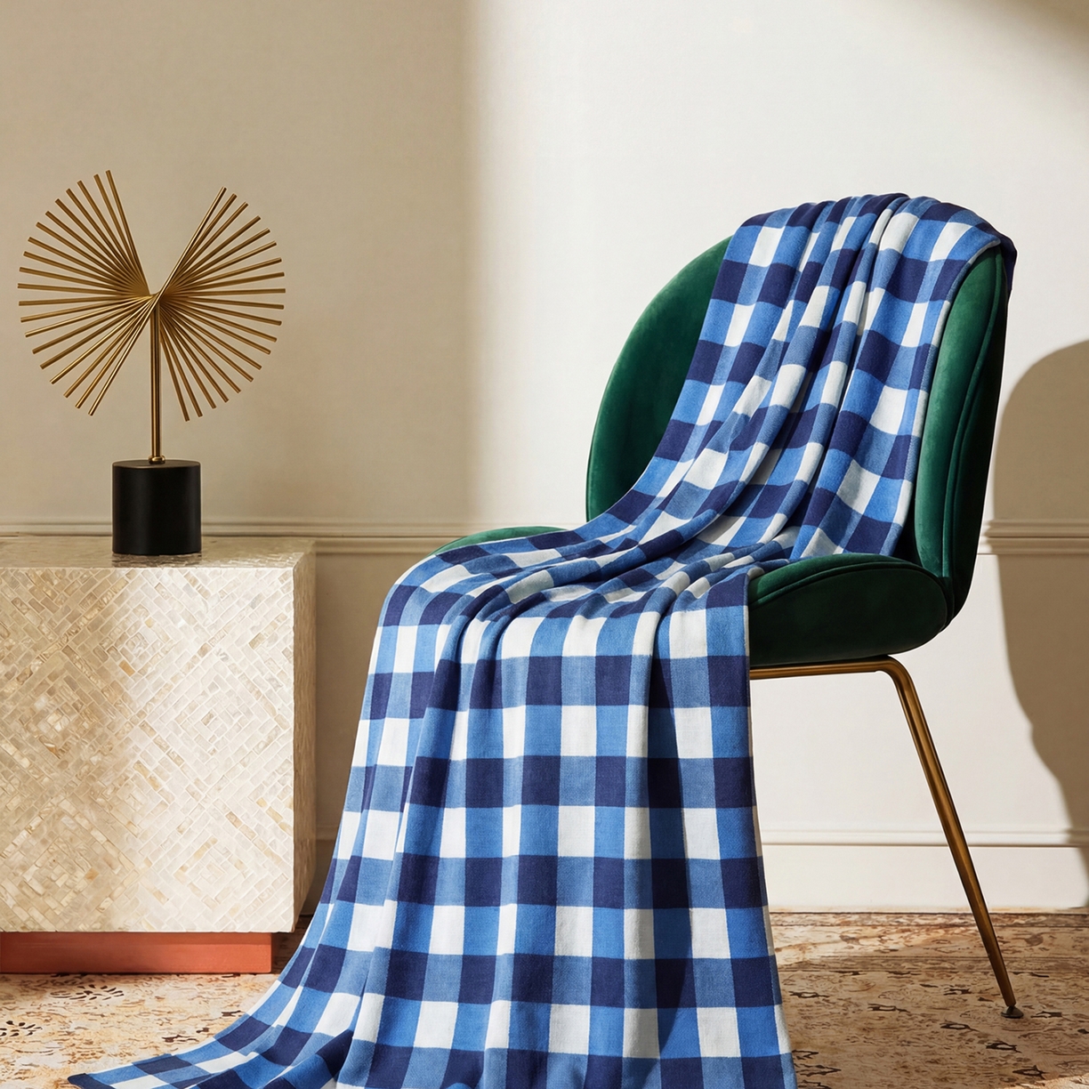 暖绵绵家纺 2026新款丝光棉格子盖毯-艾利欧 蓝色