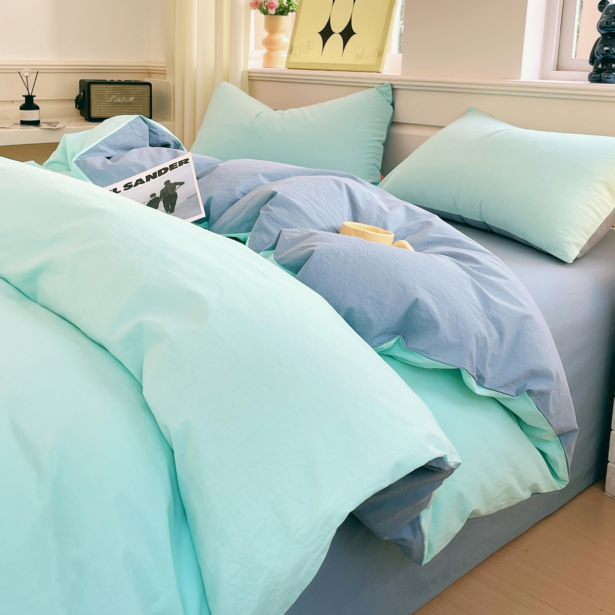 春皖家纺 2026春夏新款双拼全棉纯棉水洗棉四件套 水蓝-天蓝
