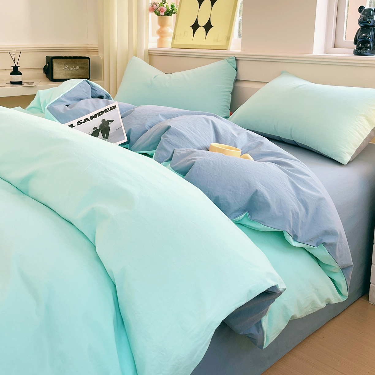 91家纺网 家纺一手货源 找家纺 春皖家纺 2026春夏新款双拼全棉纯棉水洗棉四件套 水蓝-天蓝