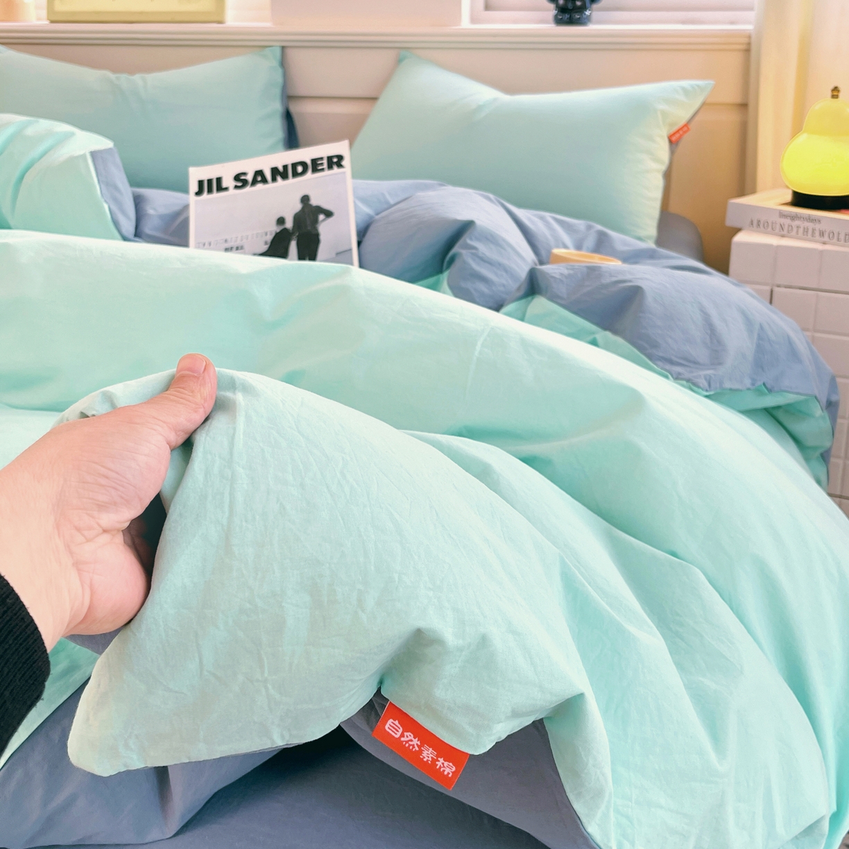 91家纺网 家纺一手货源 找家纺 春皖家纺 2026春夏新款双拼全棉纯棉水洗棉四件套 水蓝-天蓝