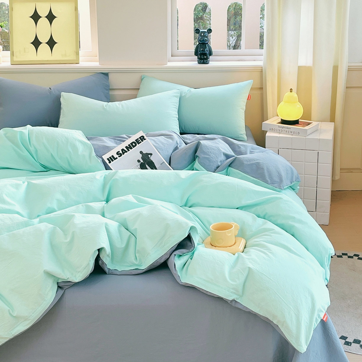 91家纺网 家纺一手货源 找家纺 春皖家纺 2026春夏新款双拼全棉纯棉水洗棉四件套 水蓝-天蓝