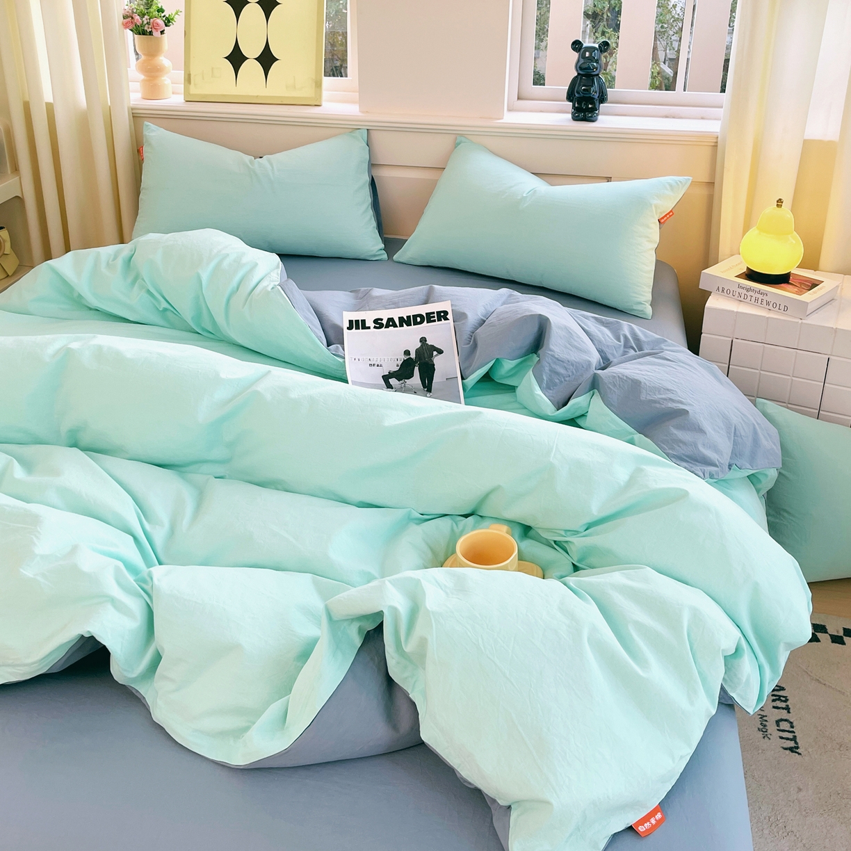 91家纺网 家纺一手货源 找家纺 春皖家纺 2026春夏新款双拼全棉纯棉水洗棉四件套 水蓝-天蓝