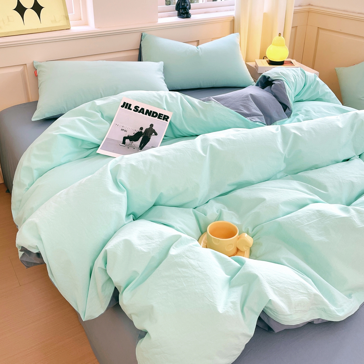 91家纺网 家纺一手货源 找家纺 春皖家纺 2026春夏新款双拼全棉纯棉水洗棉四件套 水蓝-天蓝