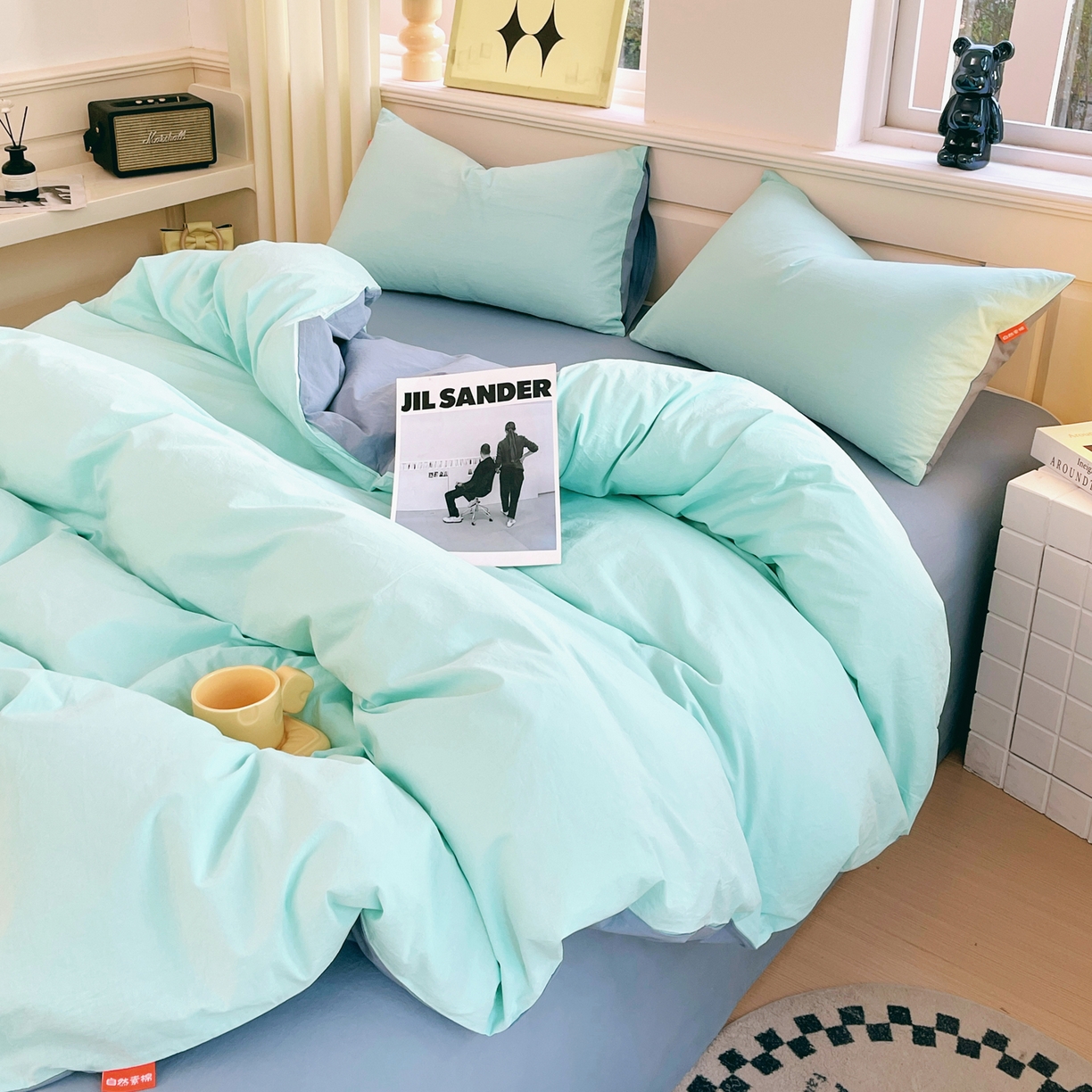 91家纺网 家纺一手货源 找家纺 春皖家纺 2026春夏新款双拼全棉纯棉水洗棉四件套 水蓝-天蓝