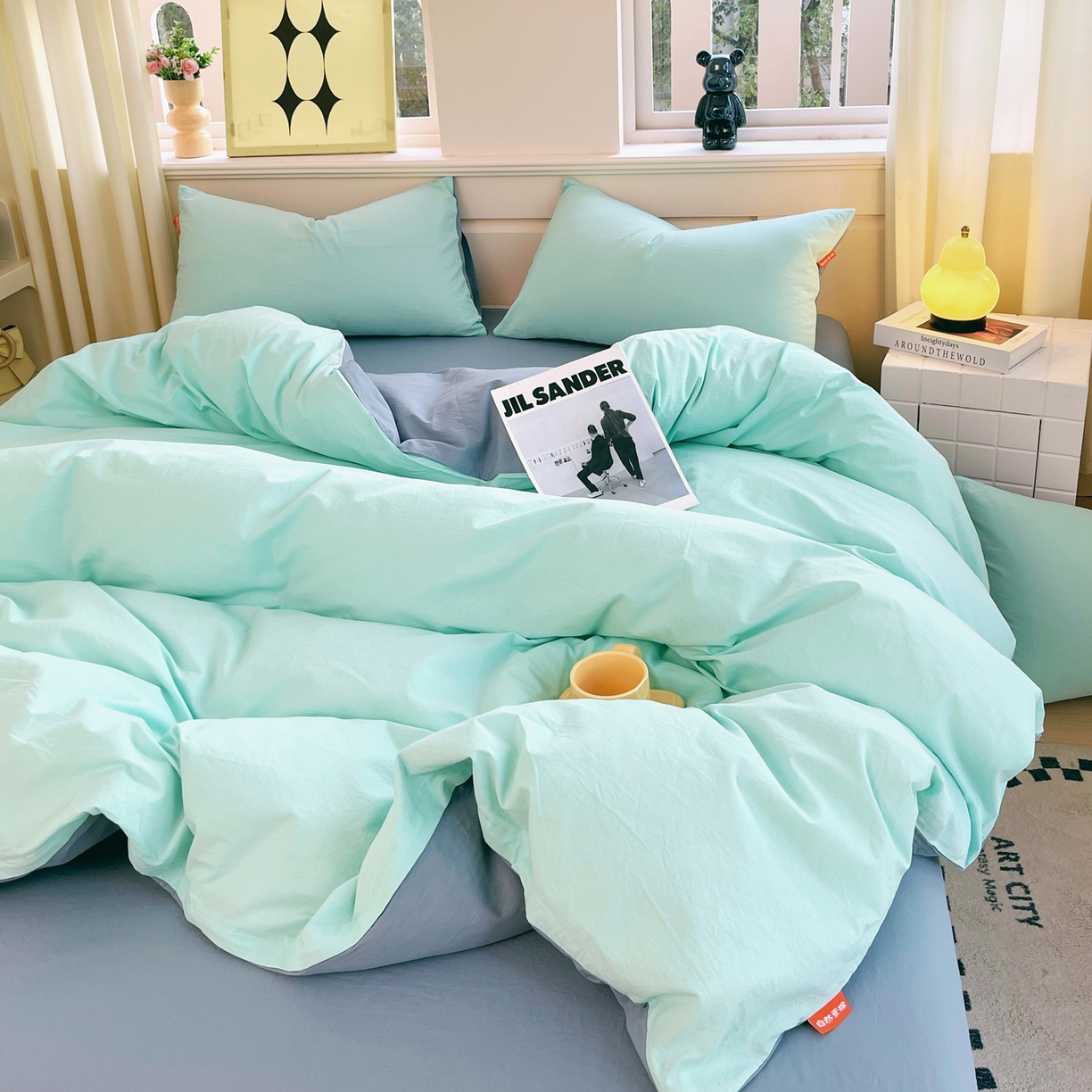 91家纺网 家纺一手货源 找家纺 春皖家纺 2026春夏新款双拼全棉纯棉水洗棉四件套 水蓝-天蓝