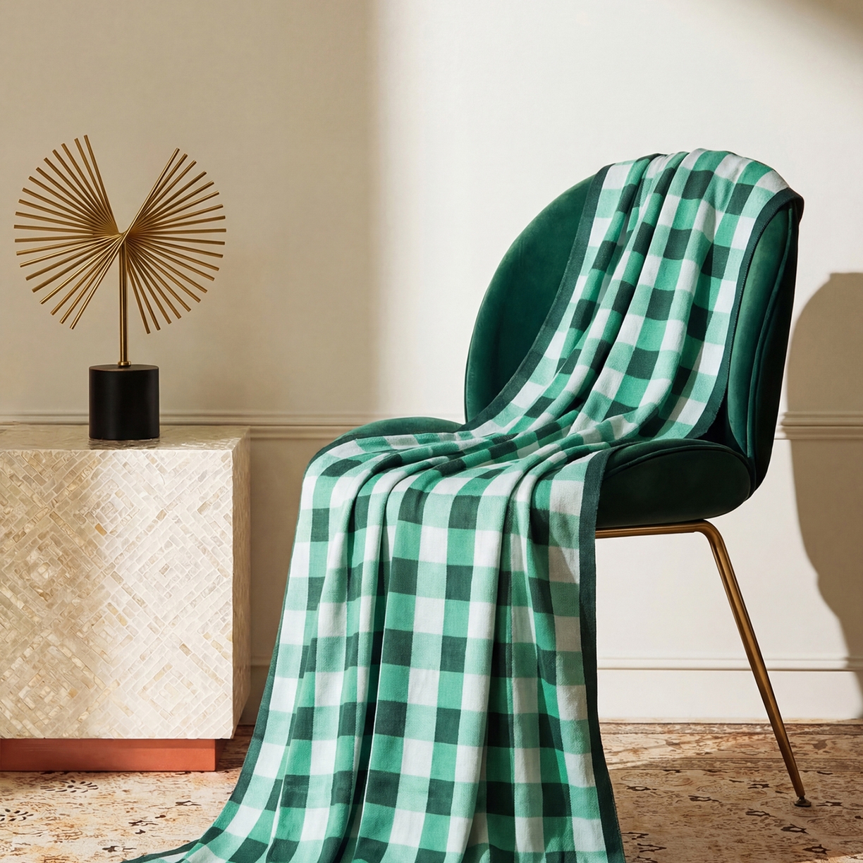 暖绵绵家纺 2026新款丝光棉格子盖毯-艾利欧 绿色