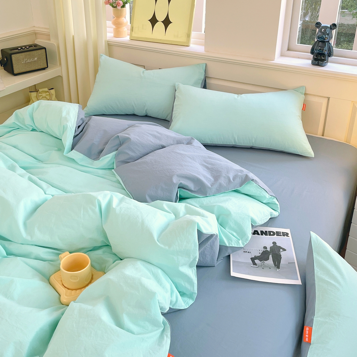 91家纺网 家纺一手货源 找家纺 春皖家纺 2026春夏新款双拼全棉纯棉水洗棉四件套 水蓝-天蓝