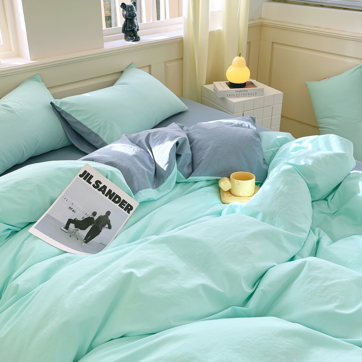 91家纺网 家纺一手货源 找家纺 春皖家纺 2026春夏新款双拼全棉纯棉水洗棉四件套 水蓝-天蓝