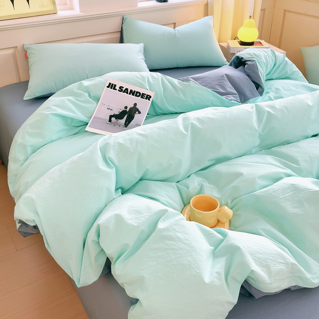 91家纺网 家纺一手货源 找家纺 春皖家纺 2026春夏新款双拼全棉纯棉水洗棉四件套 水蓝-天蓝