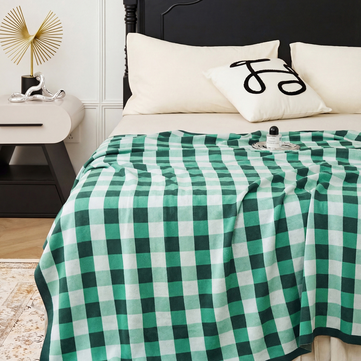 91家纺网 家纺一手货源 找家纺 暖绵绵家纺 2026新款丝光棉格子盖毯-艾利欧 绿色