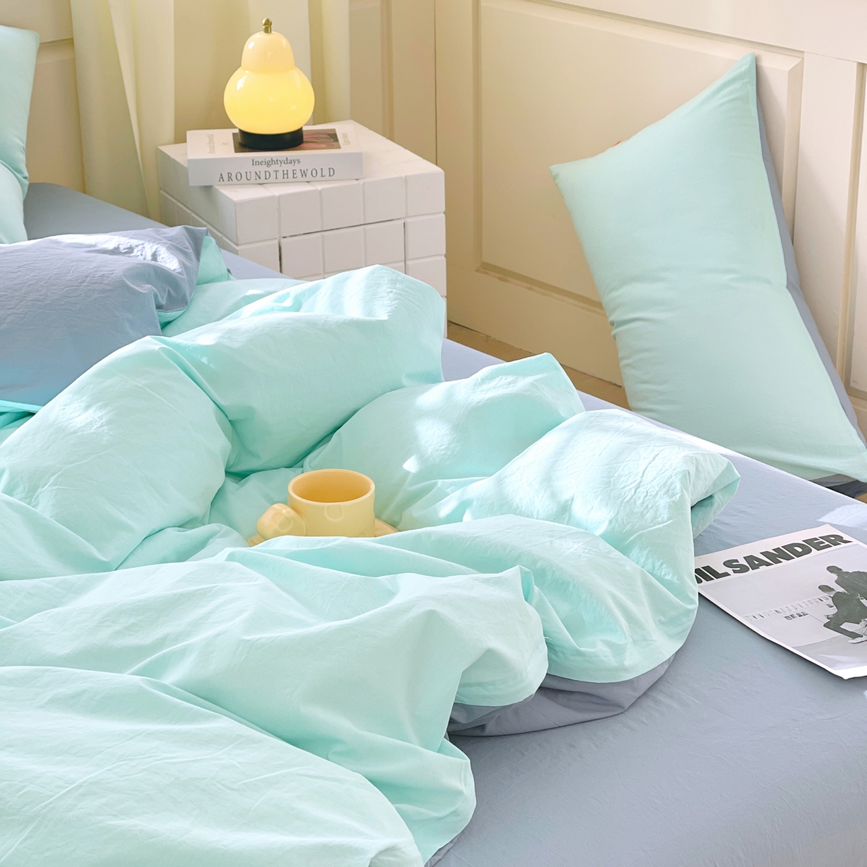 91家纺网 家纺一手货源 找家纺 春皖家纺 2026春夏新款双拼全棉纯棉水洗棉四件套 水蓝-天蓝