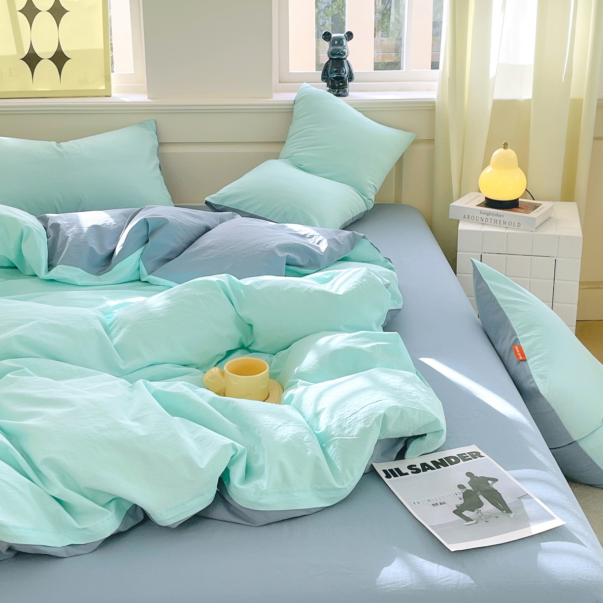 91家纺网 家纺一手货源 找家纺 春皖家纺 2026春夏新款双拼全棉纯棉水洗棉四件套 水蓝-天蓝