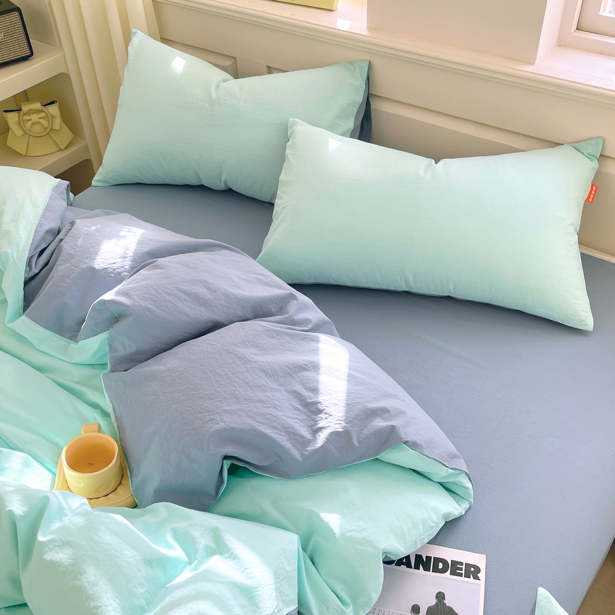 91家纺网 家纺一手货源 找家纺 春皖家纺 2026春夏新款双拼全棉纯棉水洗棉四件套 水蓝-天蓝