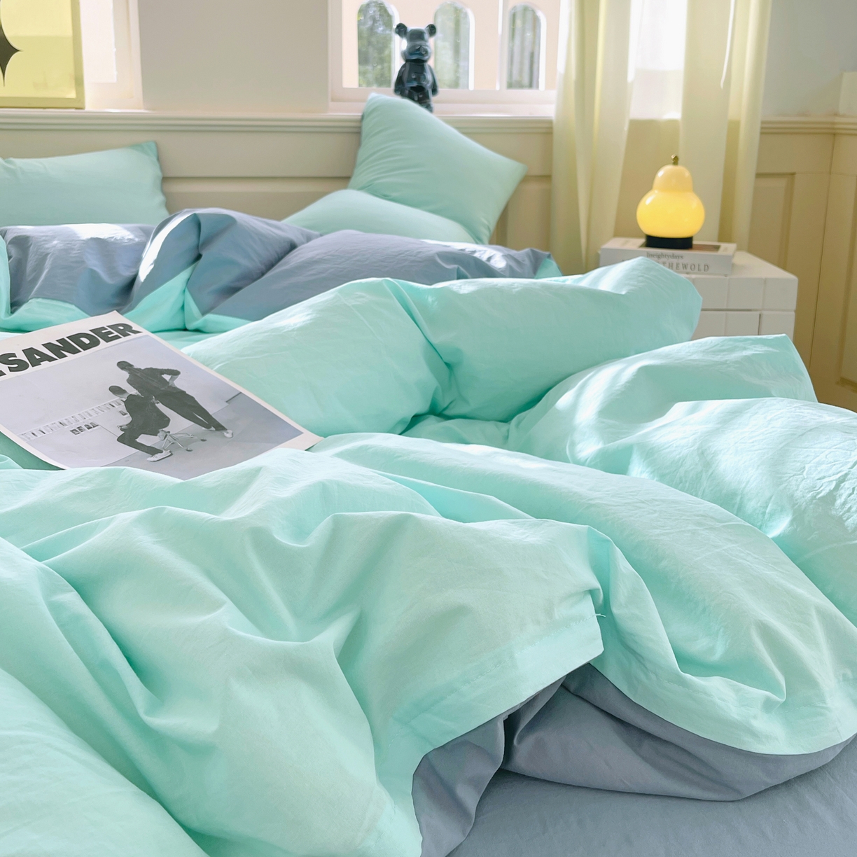 91家纺网 家纺一手货源 找家纺 春皖家纺 2026春夏新款双拼全棉纯棉水洗棉四件套 水蓝-天蓝