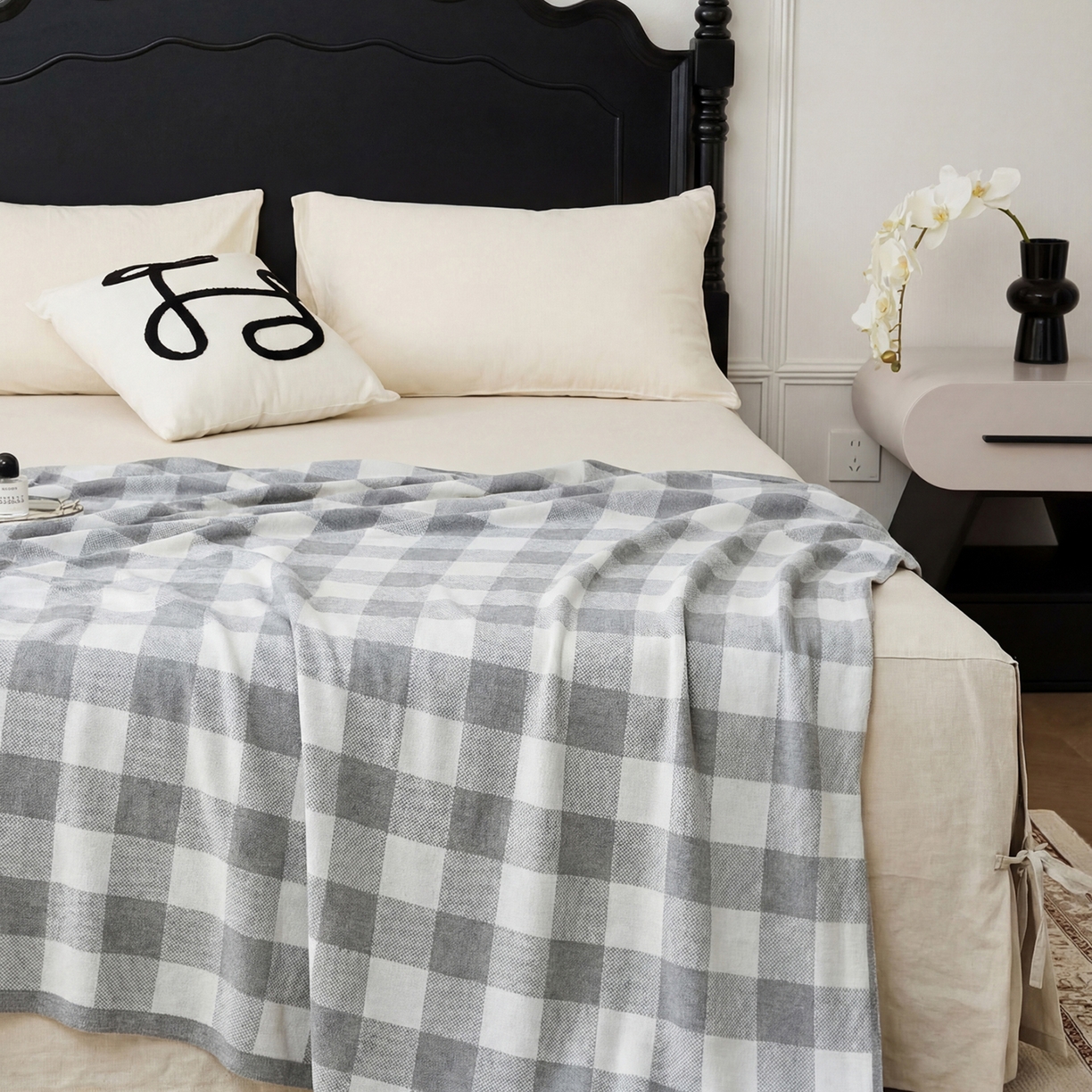 91家纺网 家纺一手货源 找家纺 暖绵绵家纺 2026新款丝光棉格子盖毯-艾利欧 麻灰