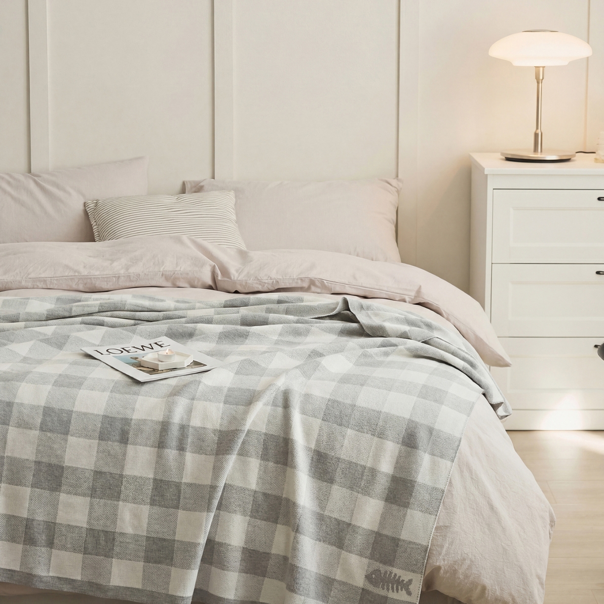 91家纺网 家纺一手货源 找家纺 暖绵绵家纺 2026新款丝光棉格子盖毯-艾利欧 麻灰