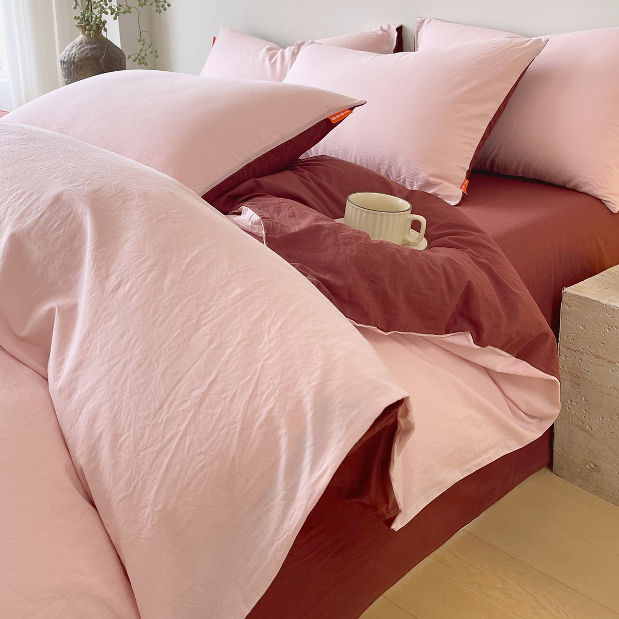 春皖家纺 2026春夏新款双拼全棉纯棉水洗棉四件套 樱花粉+可可红