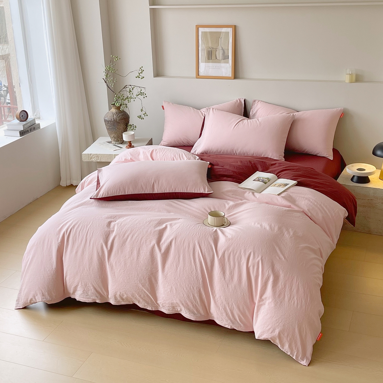 91家纺网 家纺一手货源 找家纺 春皖家纺 2026春夏新款双拼全棉纯棉水洗棉四件套 樱花粉+可可红