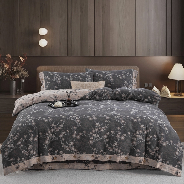 91家纺网 家纺一手货源 找家纺 云天家纺 2026新款A类全棉纯棉色织提花双层纱纽扣款四件套 梅花水墨