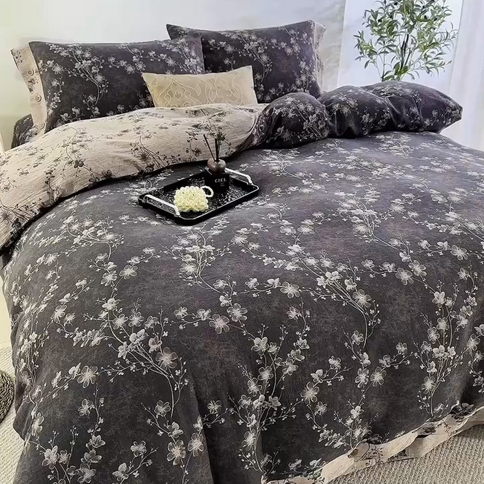 91家纺网 家纺一手货源 找家纺 云天家纺 2026新款A类全棉纯棉色织提花双层纱纽扣款四件套 梅花水墨