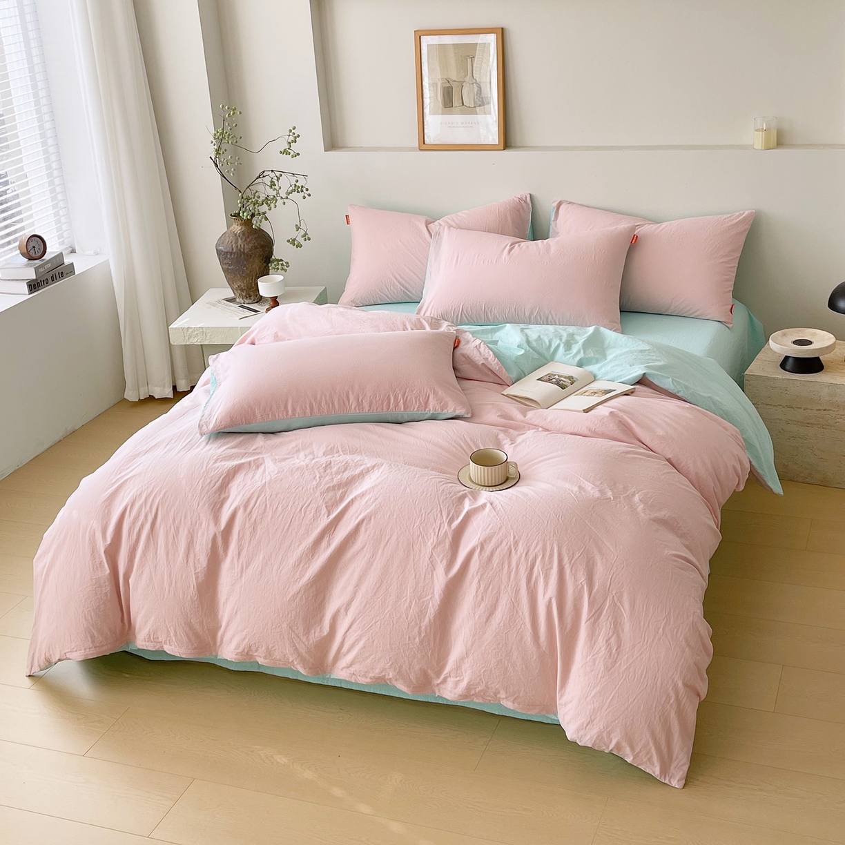 91家纺网 家纺一手货源 找家纺 春皖家纺 2026春夏新款双拼全棉纯棉水洗棉四件套 樱花粉-翠兰