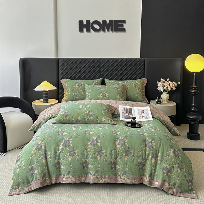 91家纺网 家纺一手货源 找家纺 云天家纺 2026新款A类全棉纯棉色织提花双层纱纽扣款四件套 百合颂绿