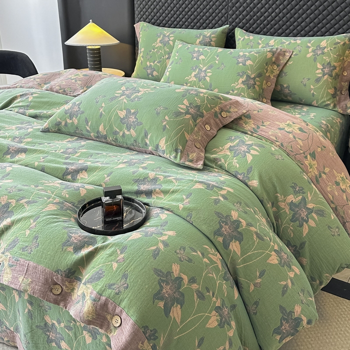 91家纺网 家纺一手货源 找家纺 云天家纺 2026新款A类全棉纯棉色织提花双层纱纽扣款四件套 百合颂绿