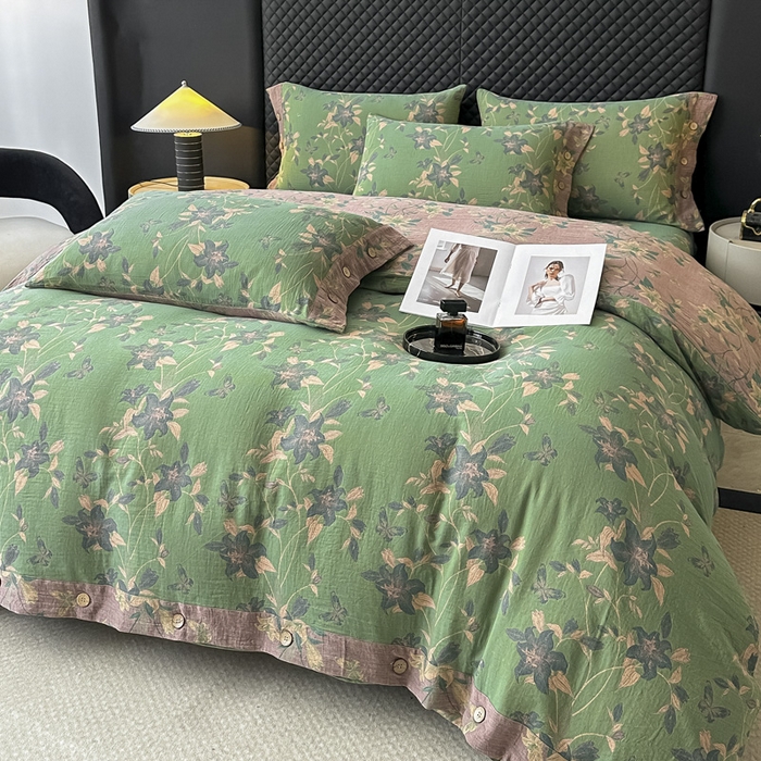 91家纺网 家纺一手货源 找家纺 云天家纺 2026新款A类全棉纯棉色织提花双层纱纽扣款四件套 百合颂绿