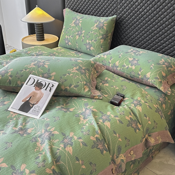 91家纺网 家纺一手货源 找家纺 云天家纺 2026新款A类全棉纯棉色织提花双层纱纽扣款四件套 百合颂绿