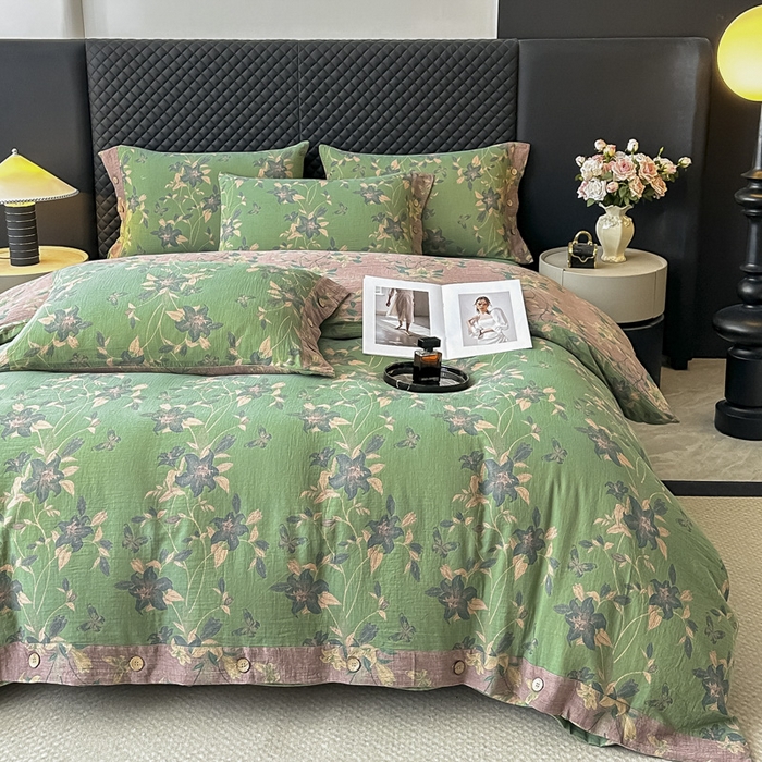 91家纺网 家纺一手货源 找家纺 云天家纺 2026新款A类全棉纯棉色织提花双层纱纽扣款四件套 百合颂绿