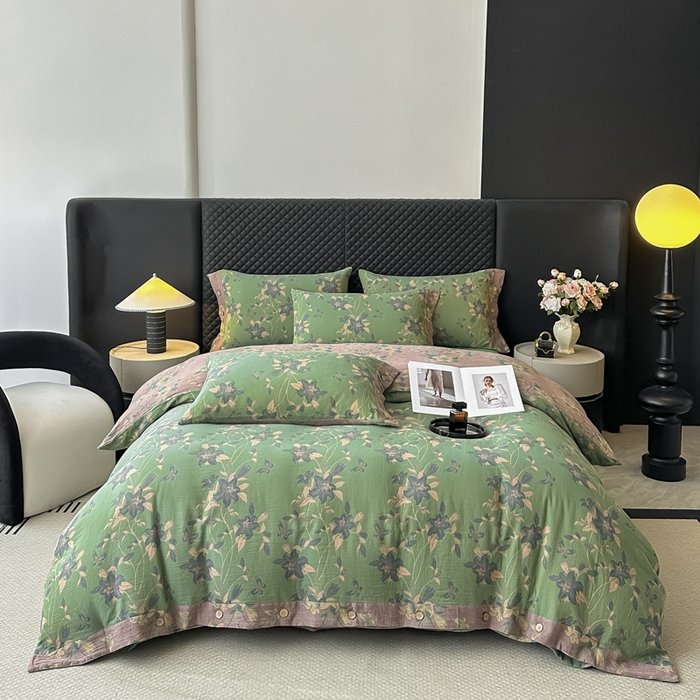 91家纺网 家纺一手货源 找家纺 云天家纺 2026新款A类全棉纯棉色织提花双层纱纽扣款四件套 百合颂绿