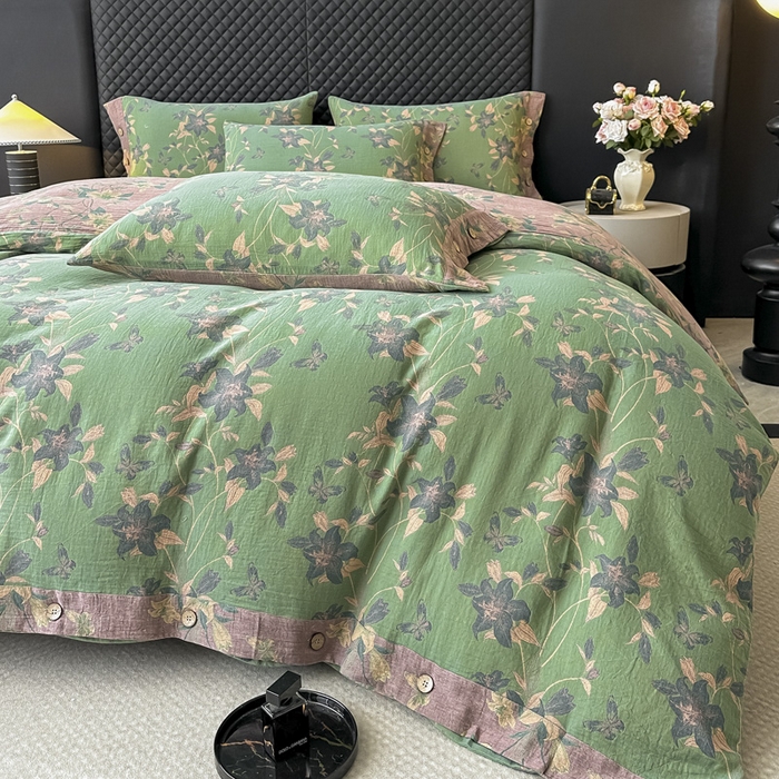 91家纺网 家纺一手货源 找家纺 云天家纺 2026新款A类全棉纯棉色织提花双层纱纽扣款四件套 百合颂绿