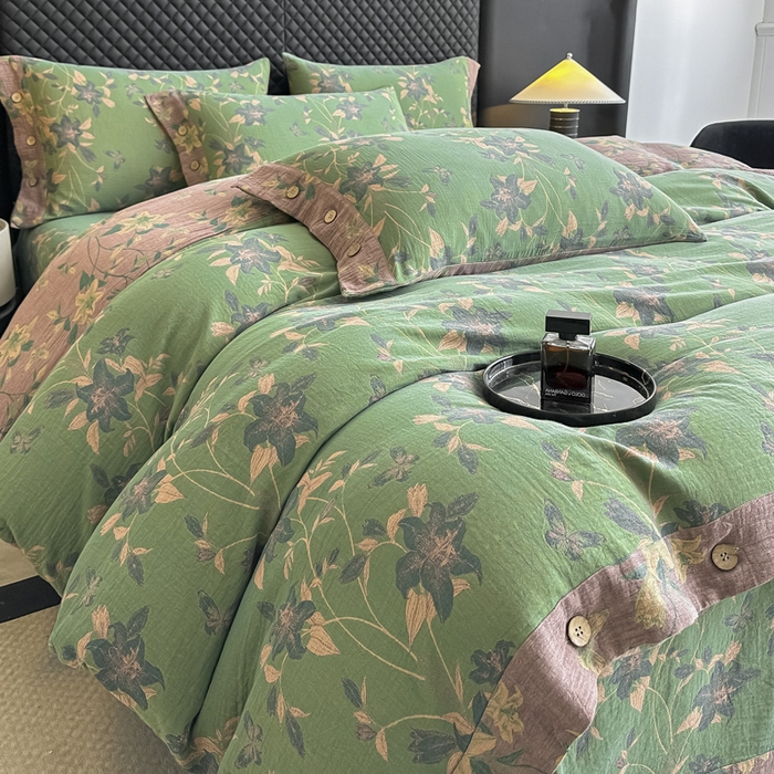 91家纺网 家纺一手货源 找家纺 云天家纺 2026新款A类全棉纯棉色织提花双层纱纽扣款四件套 百合颂绿