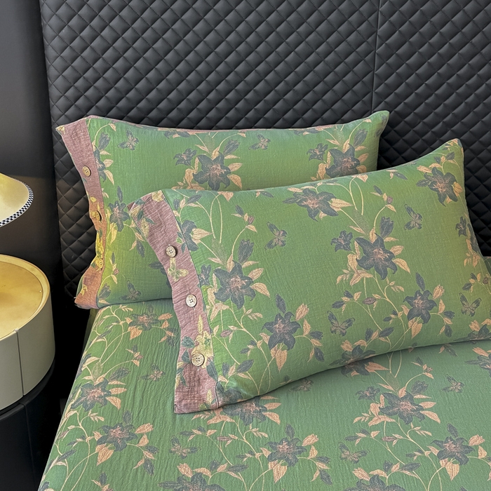 91家纺网 家纺一手货源 找家纺 云天家纺 2026新款A类全棉纯棉色织提花双层纱纽扣款四件套 百合颂绿