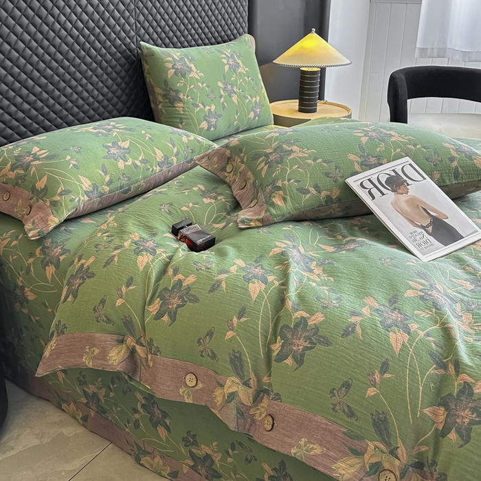 91家纺网 家纺一手货源 找家纺 云天家纺 2026新款A类全棉纯棉色织提花双层纱纽扣款四件套 百合颂绿