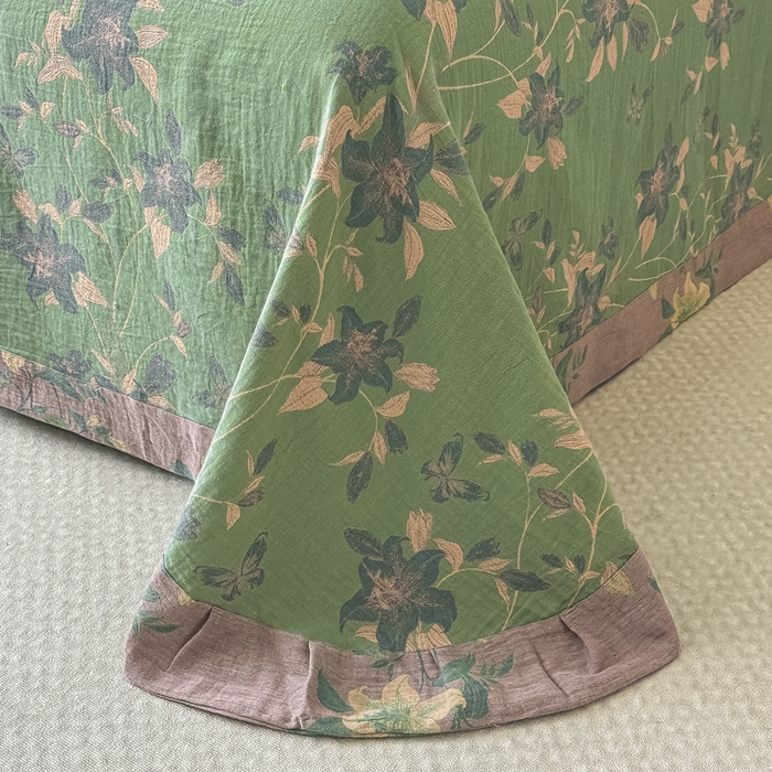 91家纺网 家纺一手货源 找家纺 云天家纺 2026新款A类全棉纯棉色织提花双层纱纽扣款四件套 百合颂绿