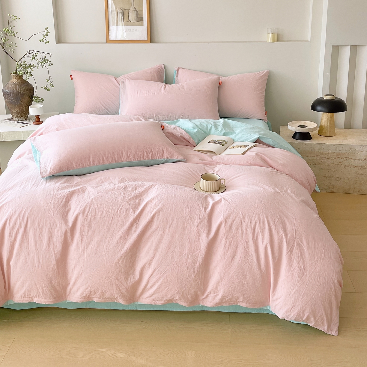 91家纺网 家纺一手货源 找家纺 春皖家纺 2026春夏新款双拼全棉纯棉水洗棉四件套 樱花粉-翠兰