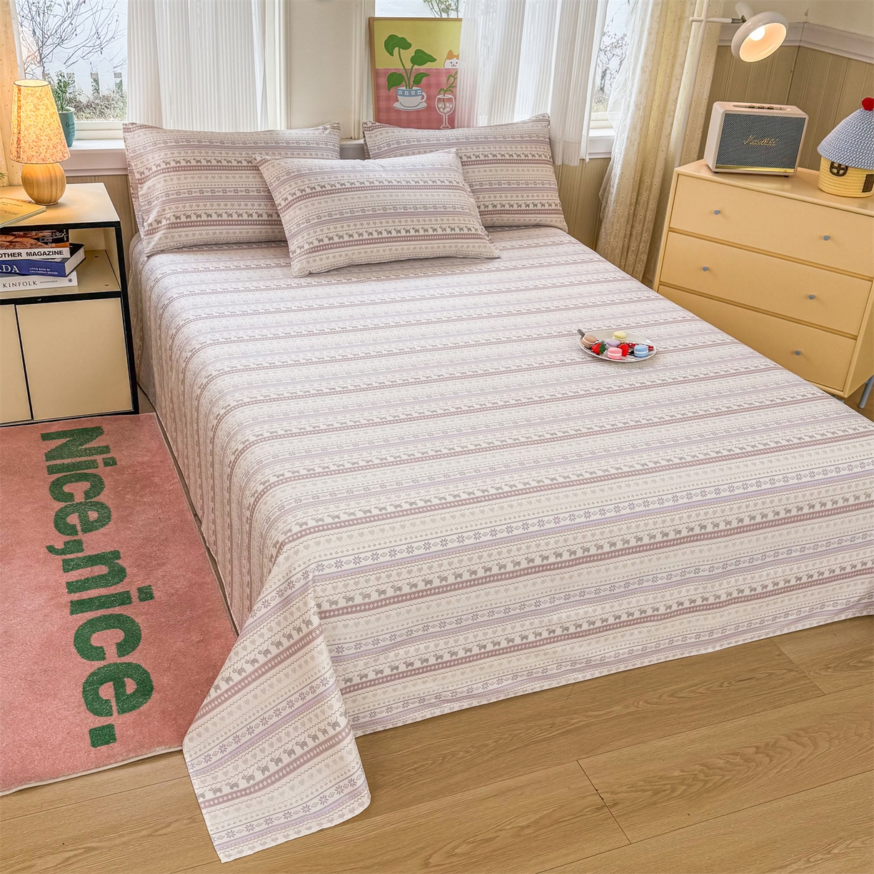 91家纺网 家纺一手货源 找家纺 晨晨家纺 2026春夏新款小清新全棉纯棉印花床单三件套 波西米亚