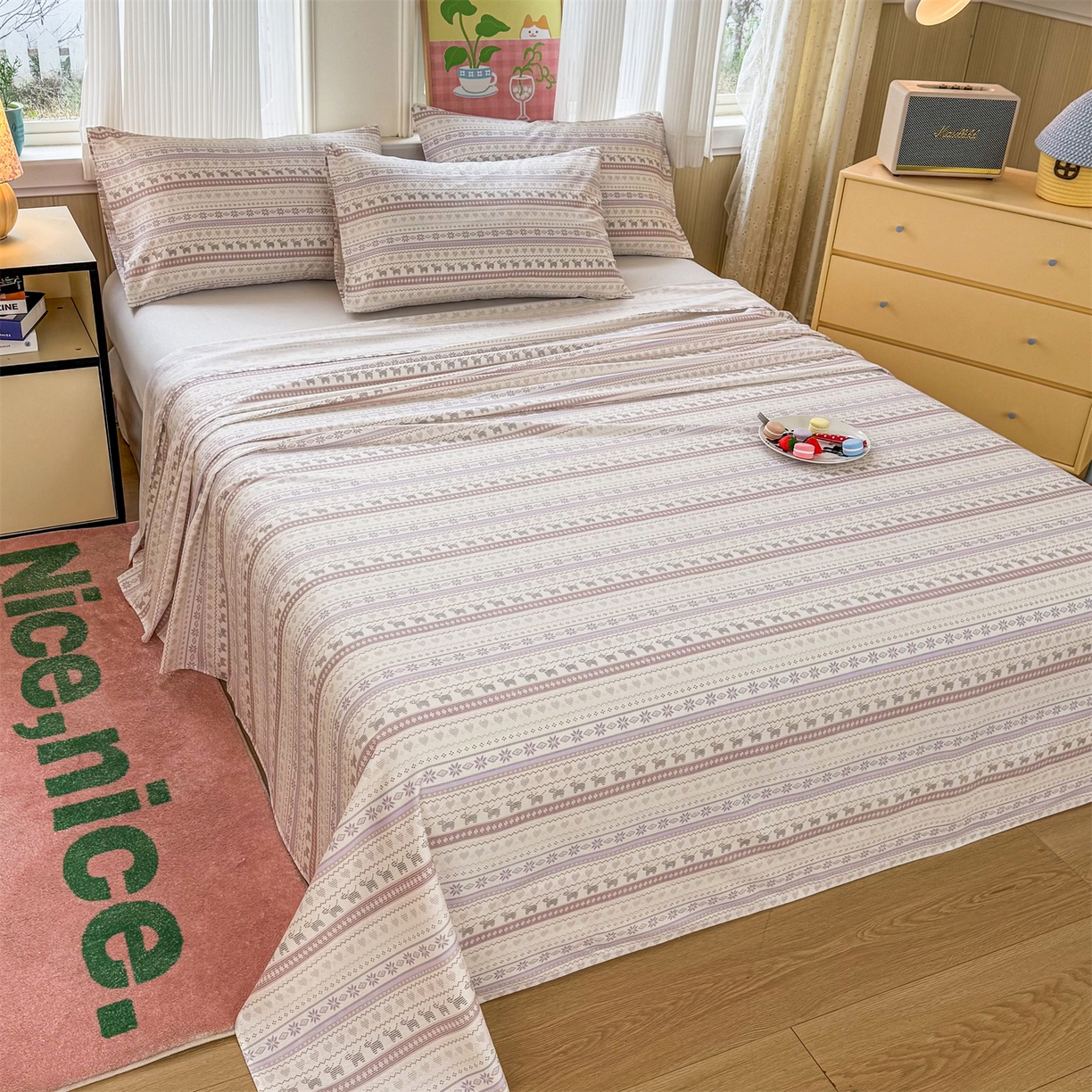 91家纺网 家纺一手货源 找家纺 晨晨家纺 2026春夏新款小清新全棉纯棉印花床单三件套 波西米亚