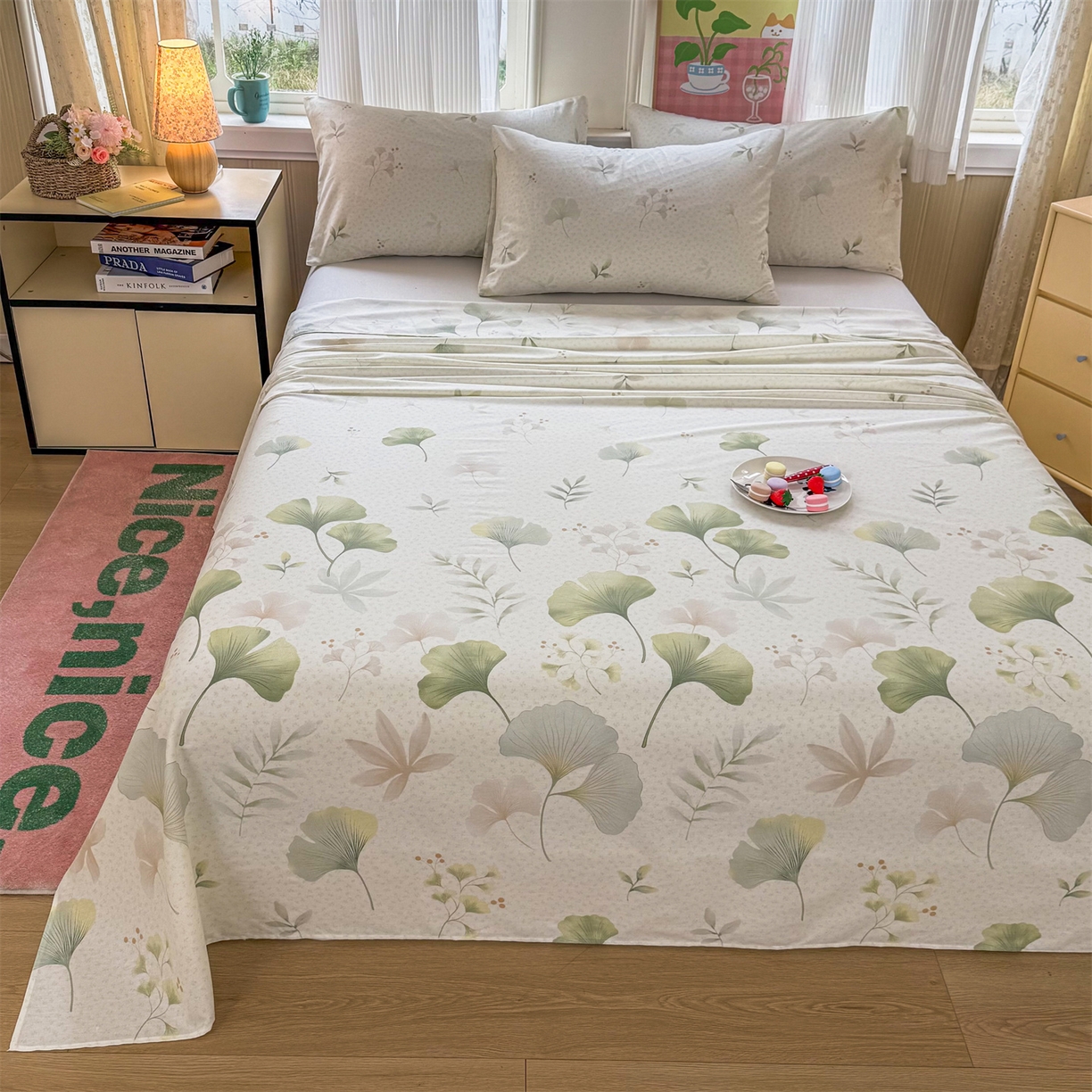 91家纺网 家纺一手货源 找家纺 晨晨家纺 2026春夏新款小清新全棉纯棉印花床单三件套 幸运叶