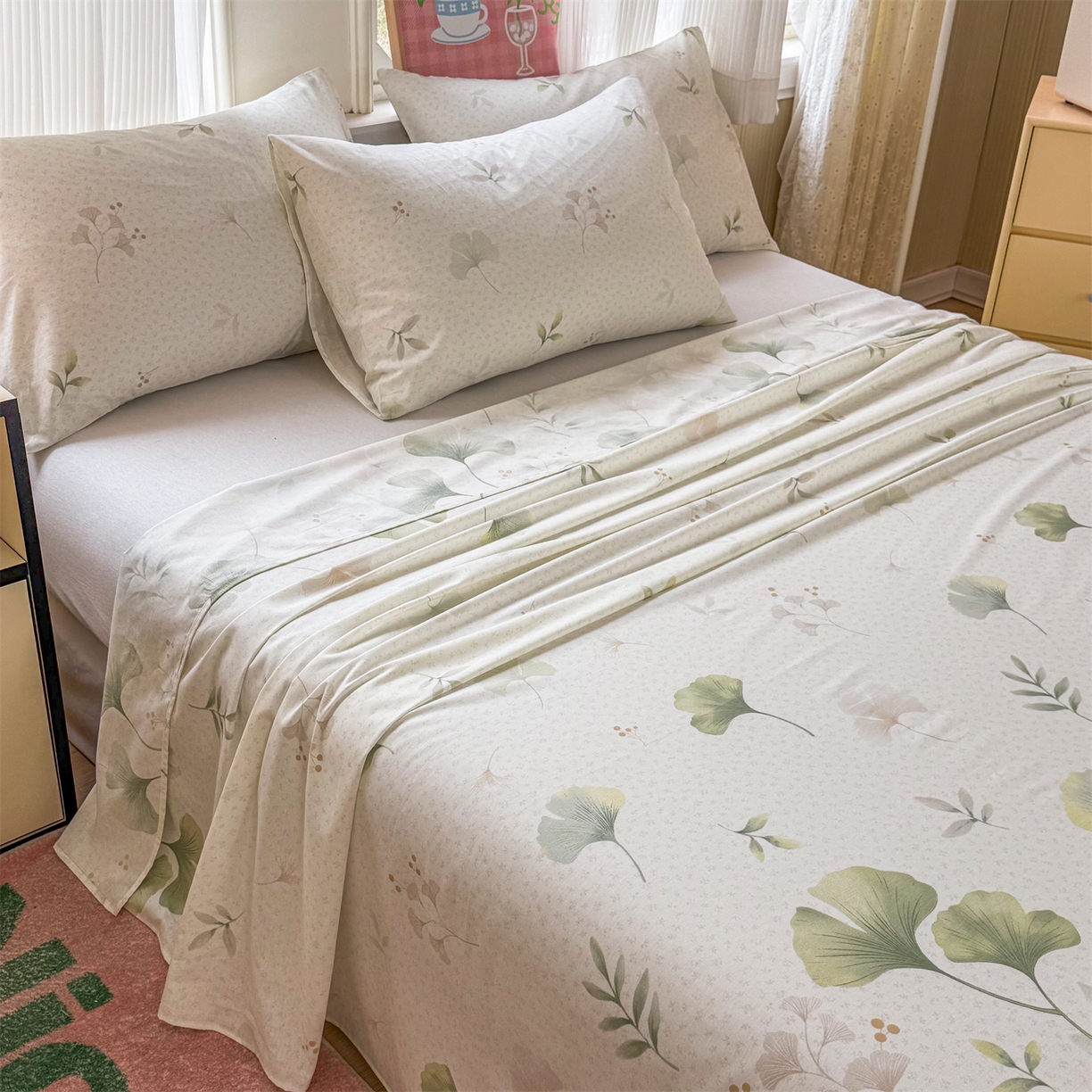 91家纺网 家纺一手货源 找家纺 晨晨家纺 2026春夏新款小清新全棉纯棉印花床单三件套 幸运叶