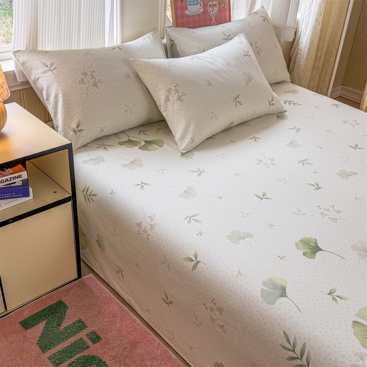 91家纺网 家纺一手货源 找家纺 晨晨家纺 2026春夏新款小清新全棉纯棉印花床单三件套 幸运叶