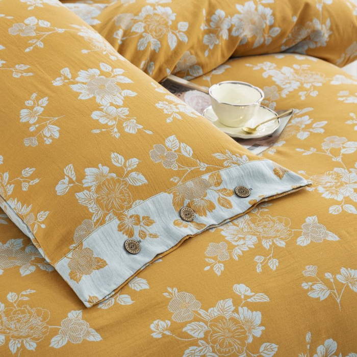 91家纺网 家纺一手货源 找家纺 云天家纺 2026新款A类全棉纯棉色织提花双层纱纽扣款四件套 春风十里橘