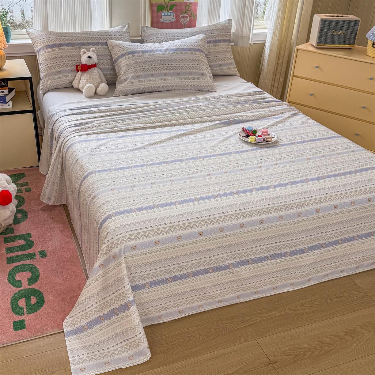 91家纺网 家纺一手货源 找家纺 晨晨家纺 2026春夏新款小清新全棉纯棉印花床单三件套 塞浦路斯