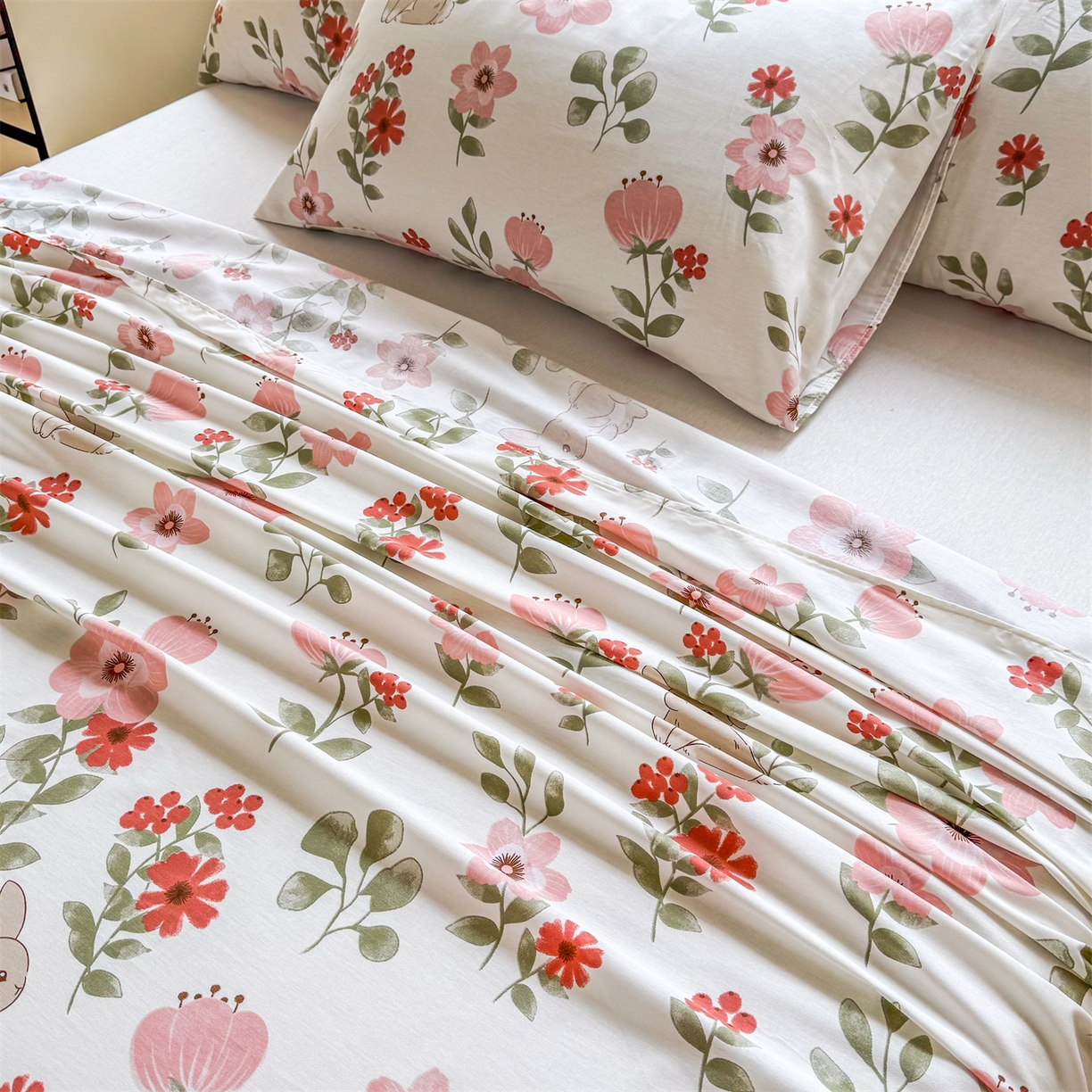 91家纺网 家纺一手货源 找家纺 晨晨家纺 2026春夏新款小清新全棉纯棉印花床单三件套 丛林意趣