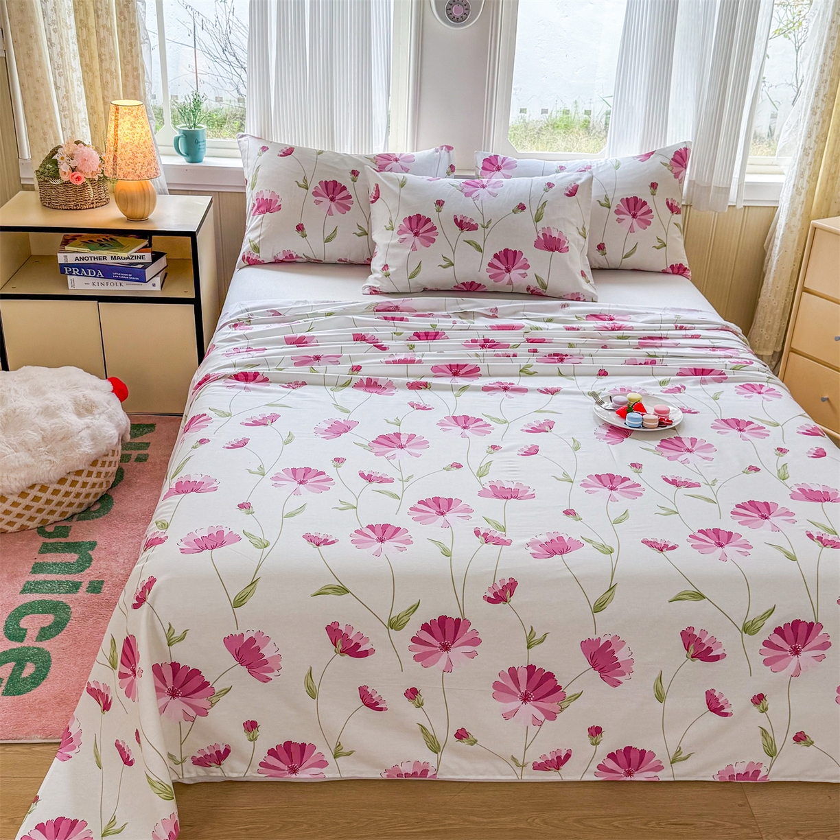 91家纺网 家纺一手货源 找家纺 晨晨家纺 2026春夏新款小清新全棉纯棉印花床单三件套 晚风轻漫