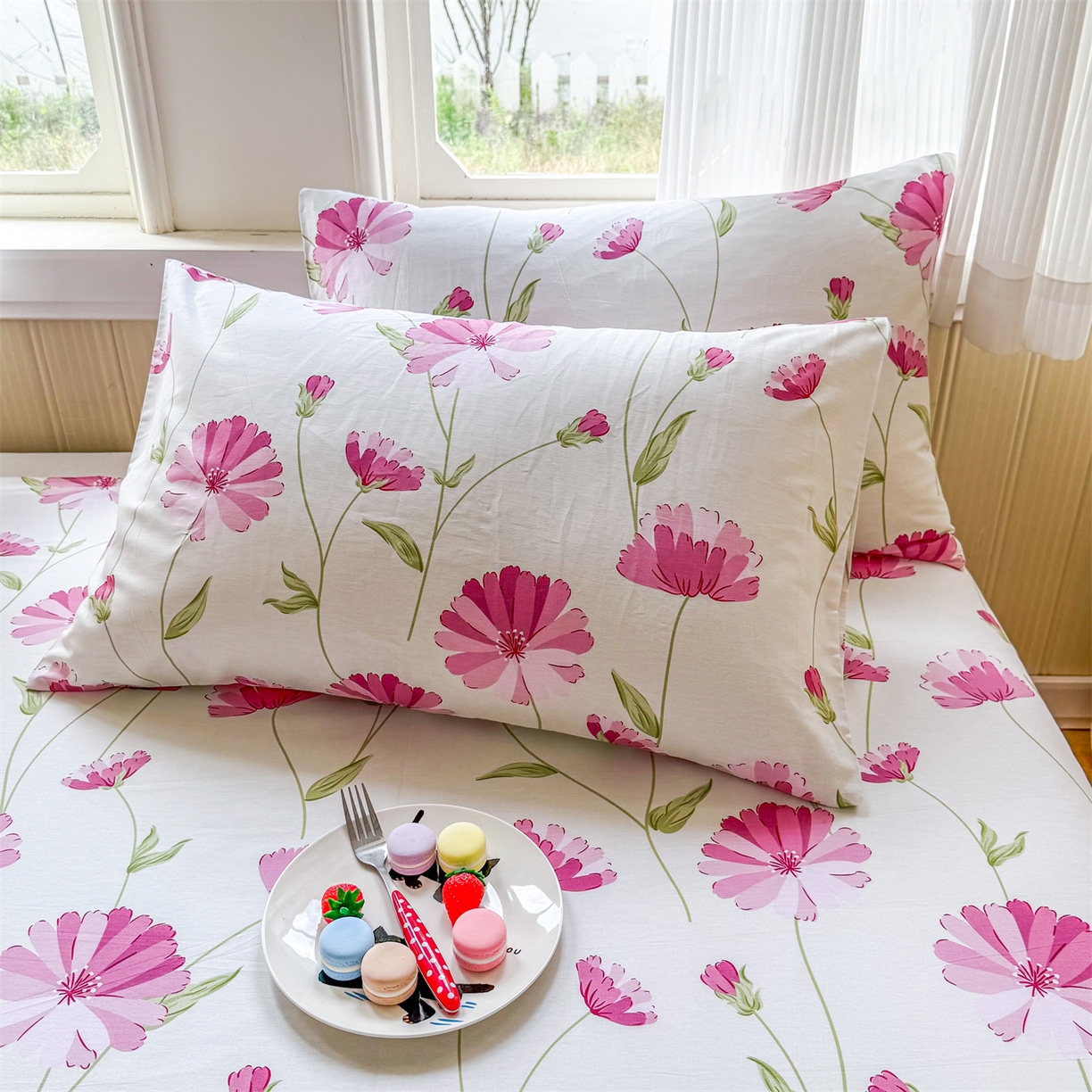 91家纺网 家纺一手货源 找家纺 晨晨家纺 2026春夏新款小清新全棉纯棉印花床单三件套 晚风轻漫