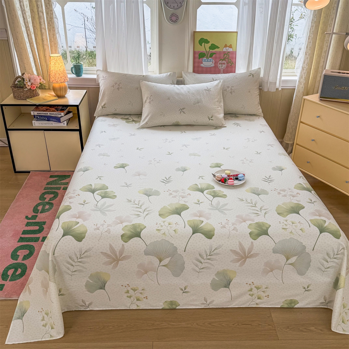 91家纺网 家纺一手货源 找家纺 晨晨家纺 2026春夏新款小清新全棉纯棉印花床单三件套 幸运叶