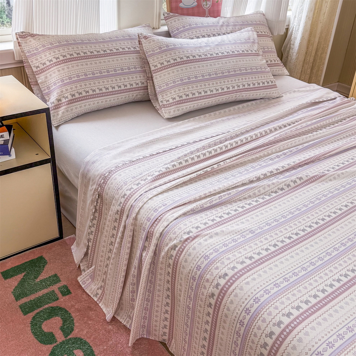 91家纺网 家纺一手货源 找家纺 晨晨家纺 2026春夏新款小清新全棉纯棉印花床单三件套 波西米亚